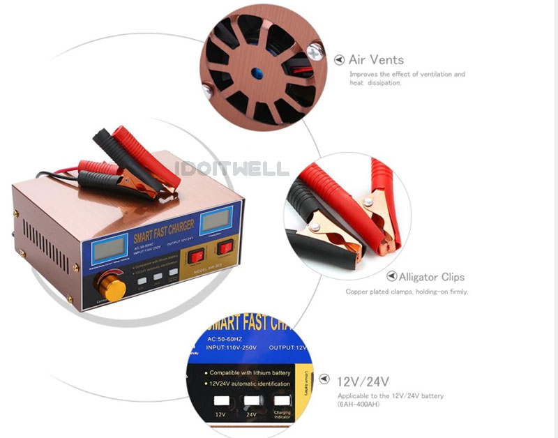 High Power Fast Truck Car Battery Charger 12V 18A 24V 15A Lead-Acid Maintenance-free Dry Water Gel Solar Li-ion Battery Charger