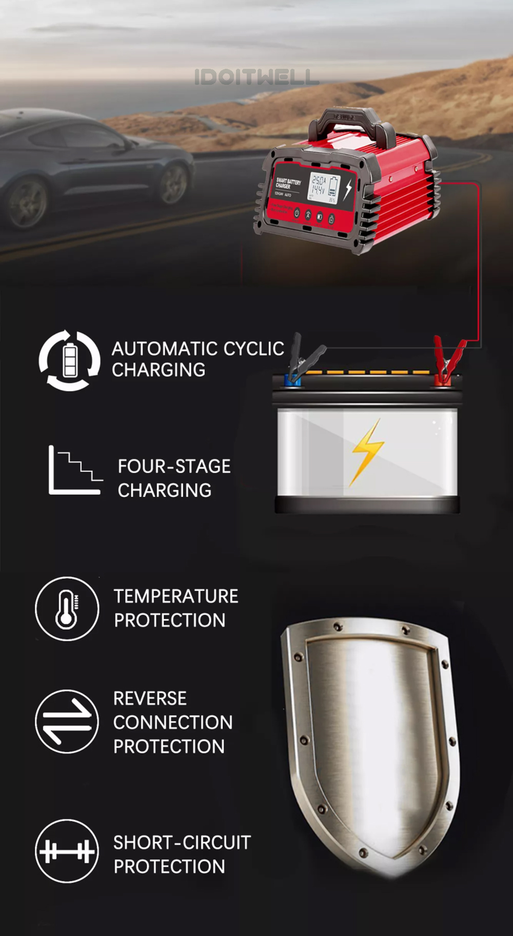 Automatic Motorcycle Car Battery Repair Charger 12V 6A 8A 10A 24V 6A Smart Maintainer Trickle Charger for Lead Acid Battery