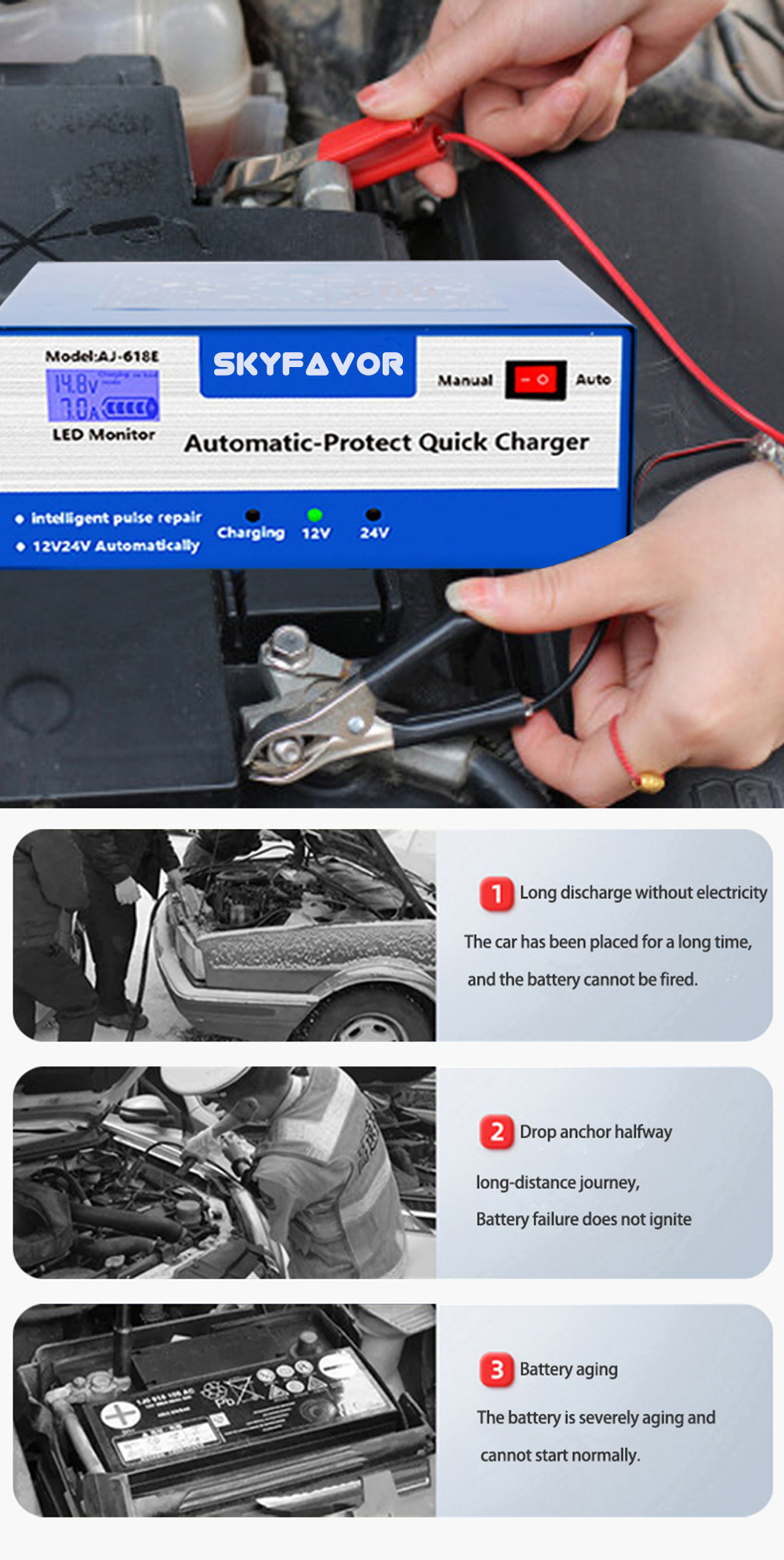 Automatic 12V 10A 24V 5A Battery Charger Auto Shutoff Charger - Universal for Car Boat Marine Truck Motorcycle Batteries Charger