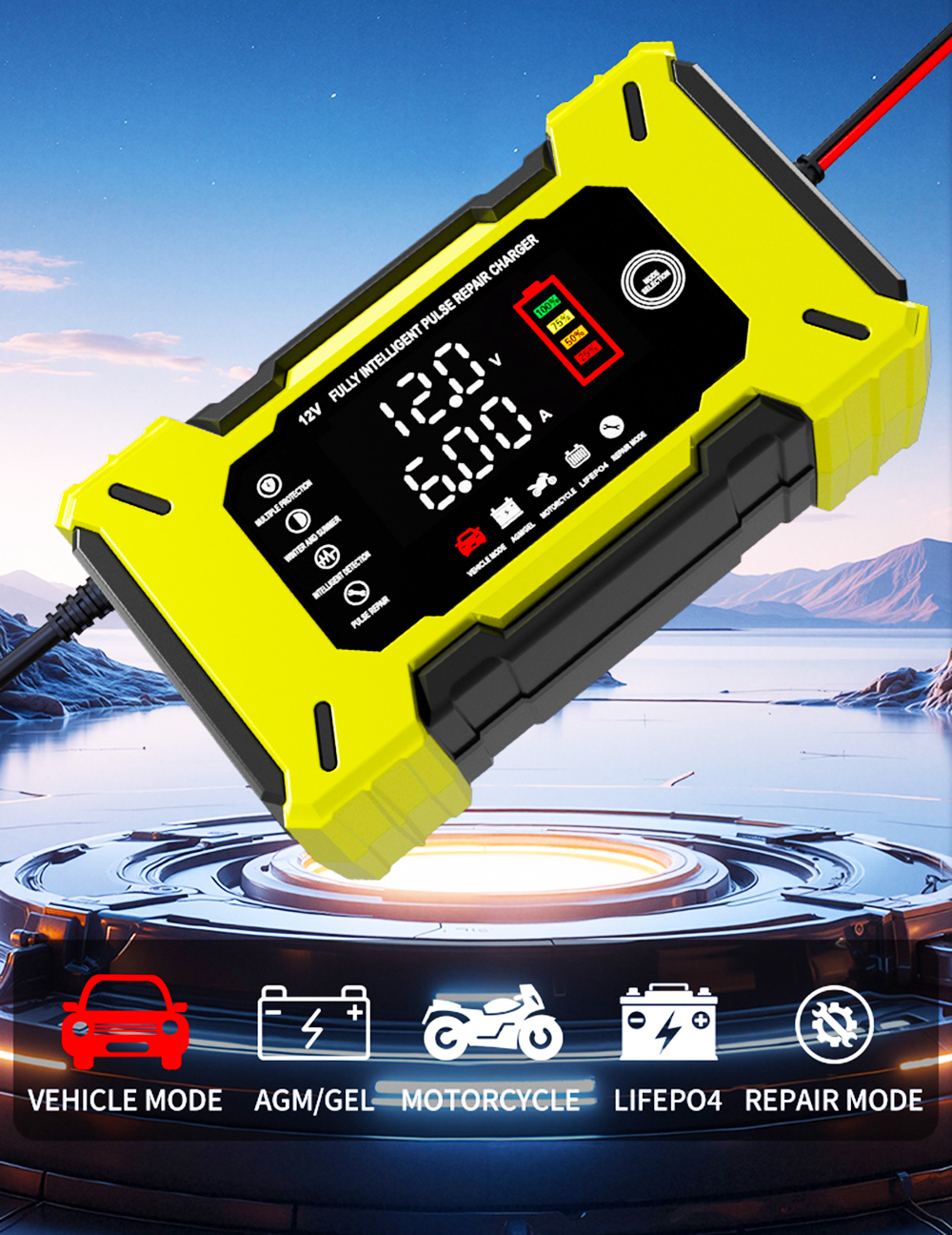 Latest Automatic12V Car Battery Charger 12V 6A Voltage Current Dual Display Universal Lifepo4 Gel AGM Lead Acid Battery Charger
