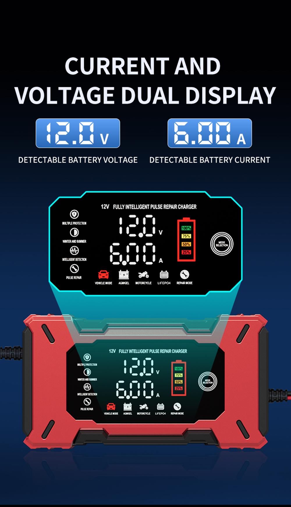 Latest Automatic12V Car Battery Charger 12V 6A Voltage Current Dual Display Universal Lifepo4 Gel AGM Lead Acid Battery Charger