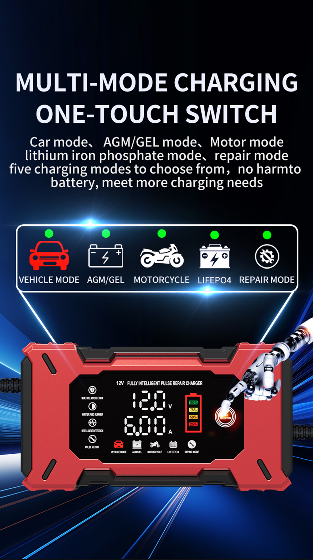 Latest Automatic12V Car Battery Charger 12V 6A Voltage Current Dual Display Universal Lifepo4 Gel AGM Lead Acid Battery Charger