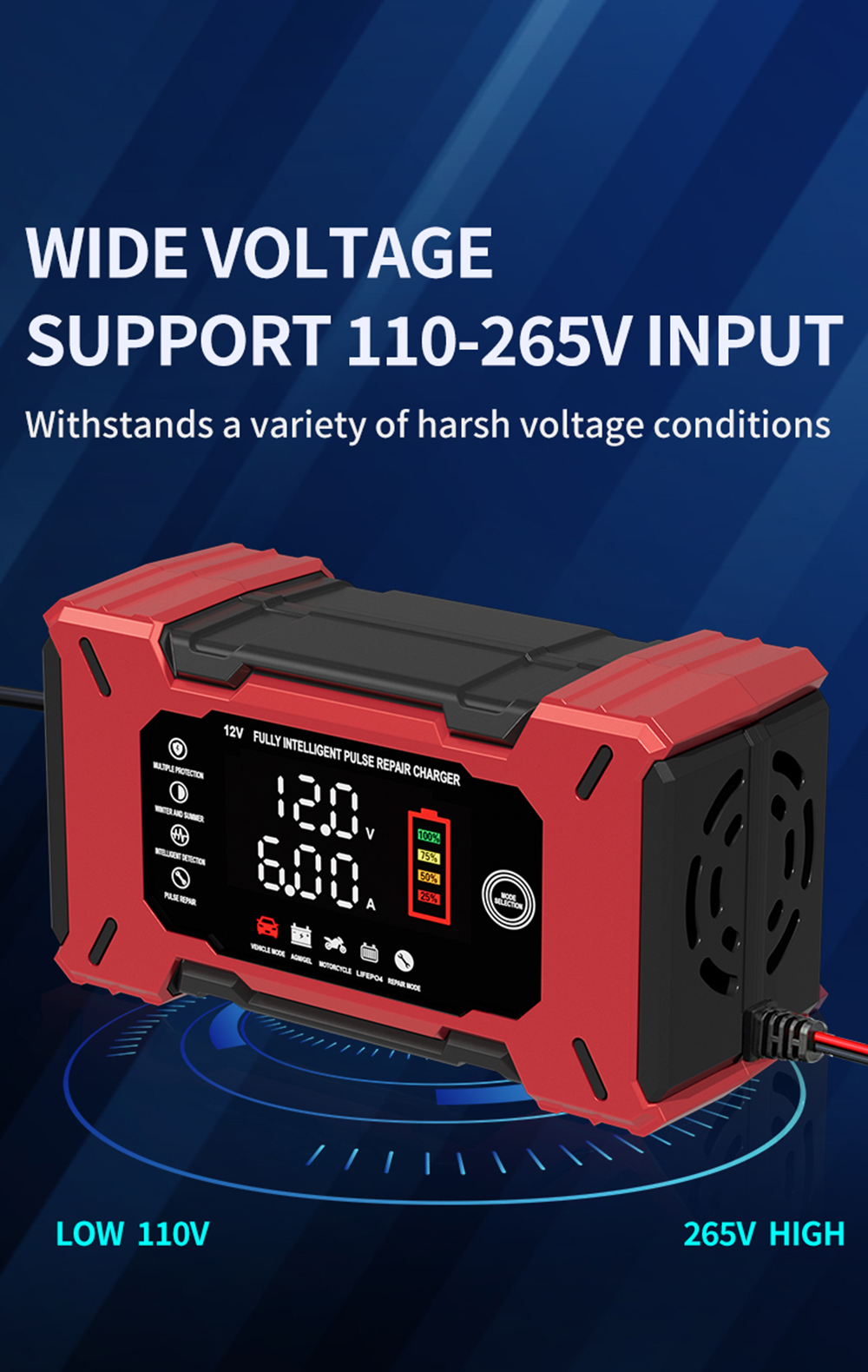 Latest Automatic12V Car Battery Charger 12V 6A Voltage Current Dual Display Universal Lifepo4 Gel AGM Lead Acid Battery Charger