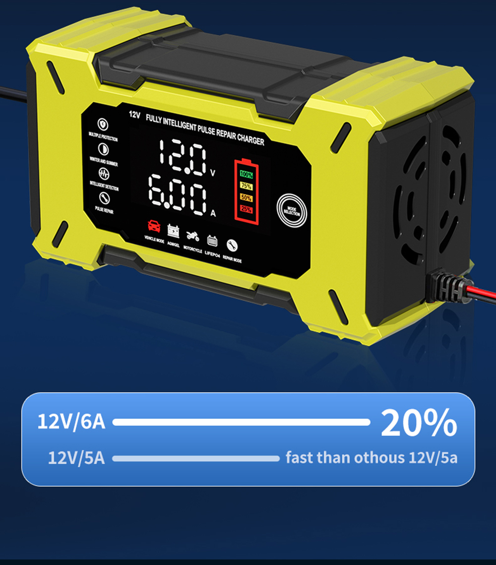 Latest Automatic12V Car Battery Charger 12V 6A Voltage Current Dual Display Universal Lifepo4 Gel AGM Lead Acid Battery Charger