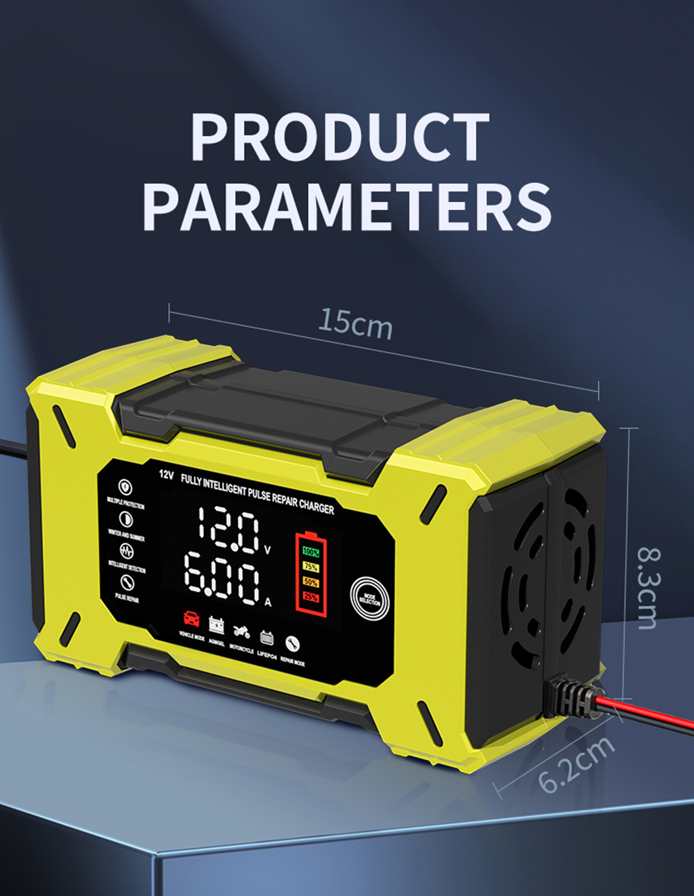Latest Automatic12V Car Battery Charger 12V 6A Voltage Current Dual Display Universal Lifepo4 Gel AGM Lead Acid Battery Charger