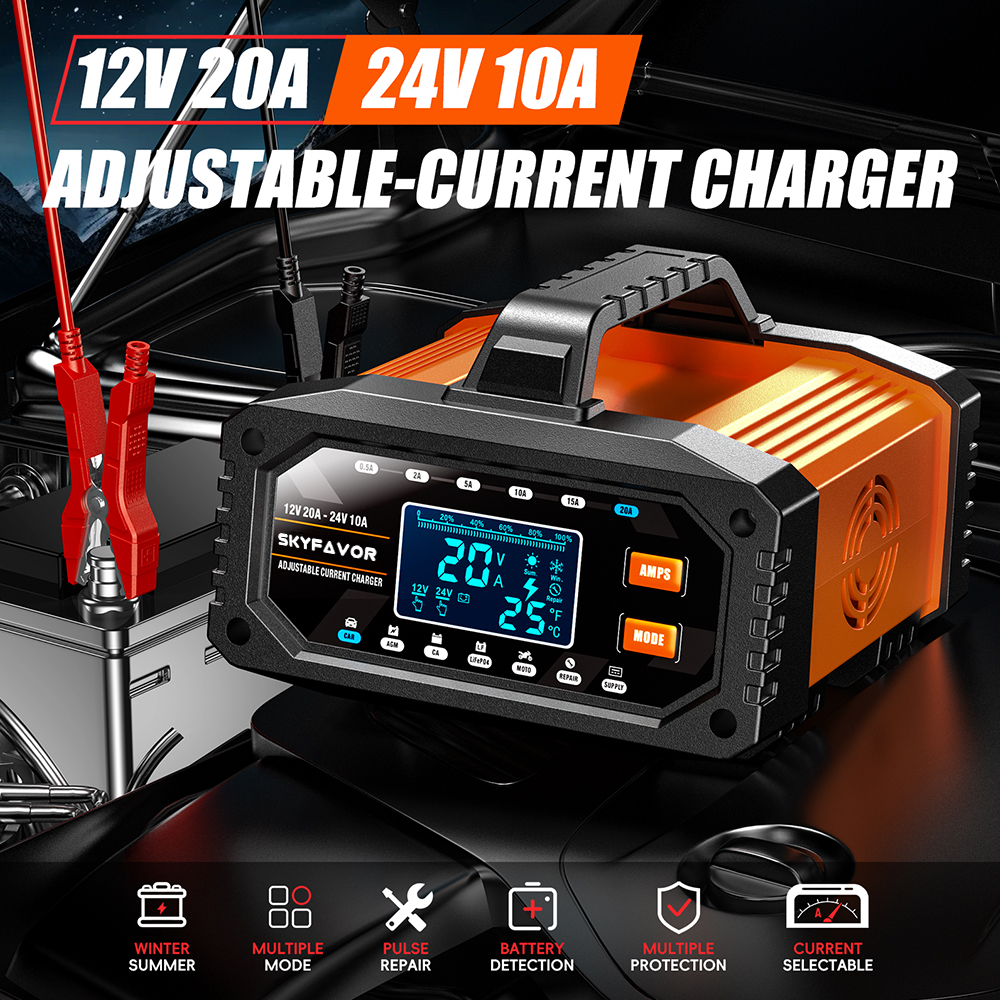 12V 24V New Product Battery Charger 12V 24V 20A Fast Automatic Current Adjustable Universal Lifepo4 Gel AGM Car Battery Charger