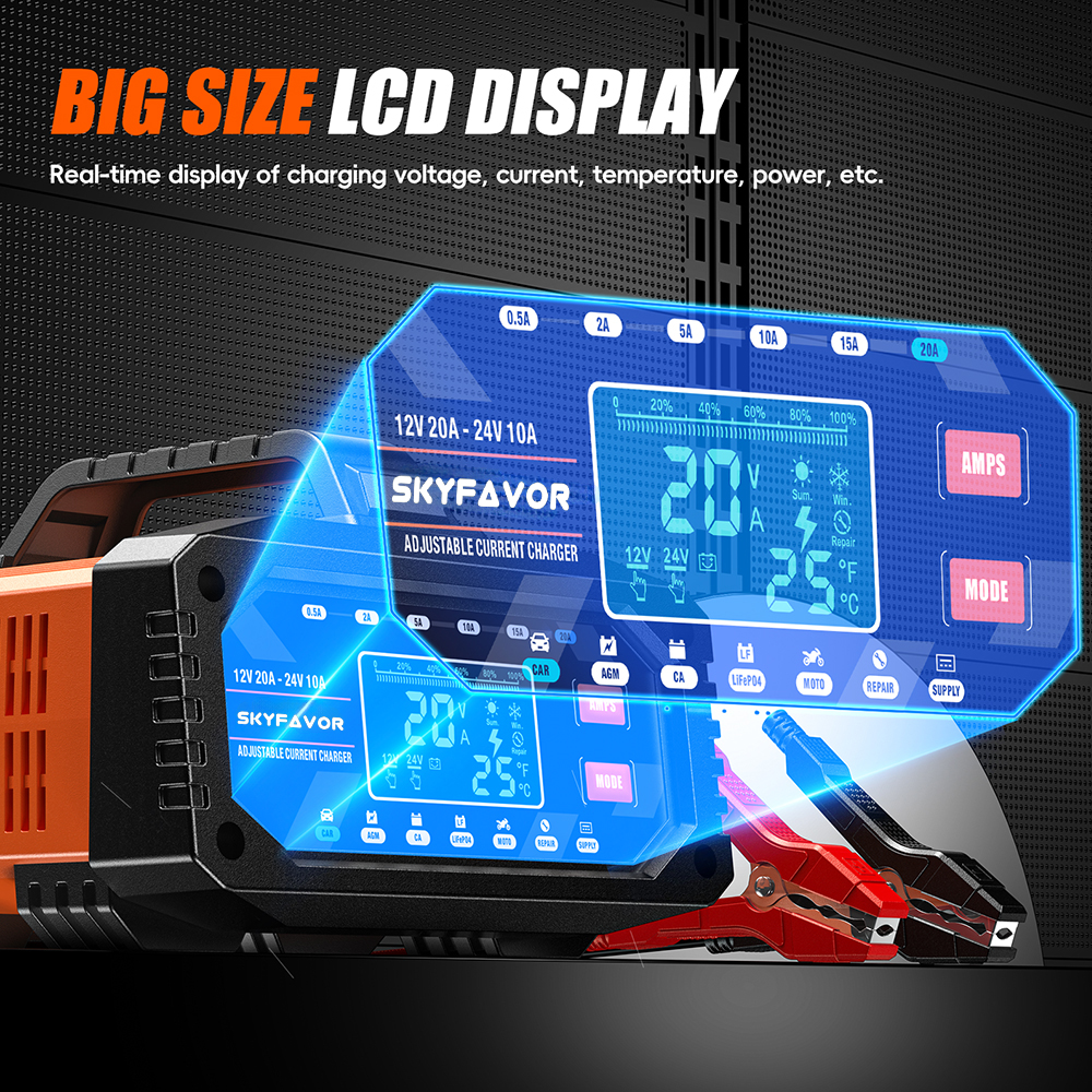 12V 24V New Product Battery Charger 12V 24V 20A Fast Automatic Current Adjustable Universal Lifepo4 Gel AGM Car Battery Charger