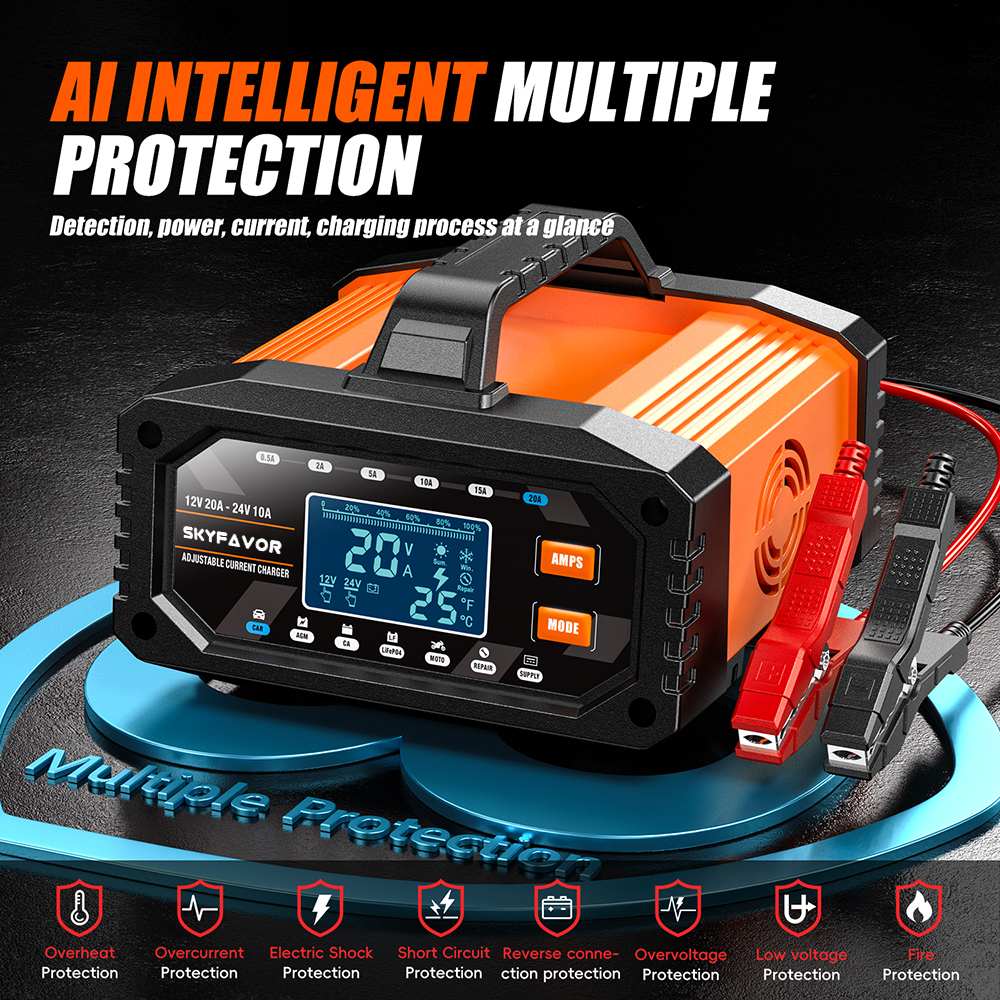 12V 24V New Product Battery Charger 12V 24V 20A Fast Automatic Current Adjustable Universal Lifepo4 Gel AGM Car Battery Charger