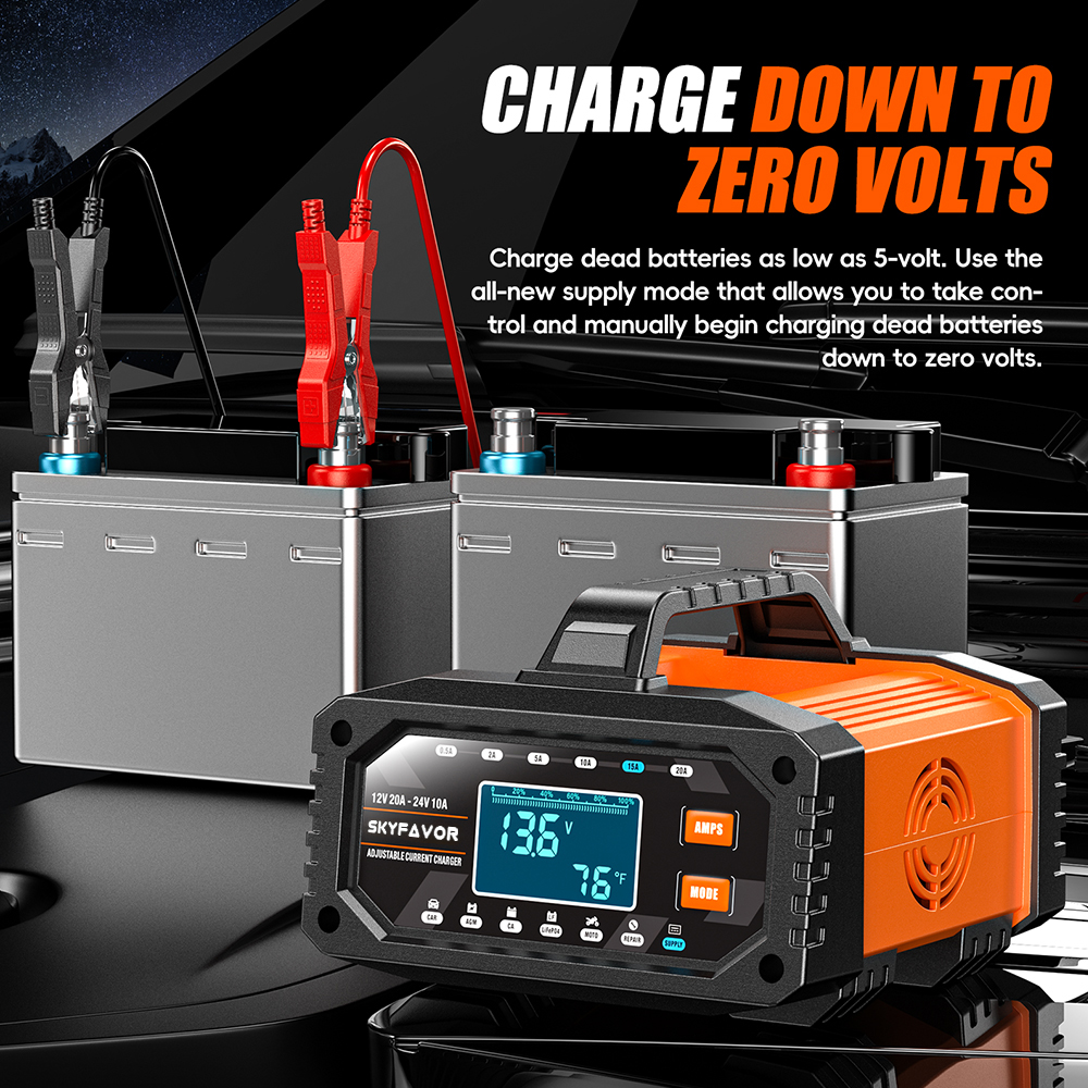 12V 24V New Product Battery Charger 12V 24V 20A Fast Automatic Current Adjustable Universal Lifepo4 Gel AGM Car Battery Charger