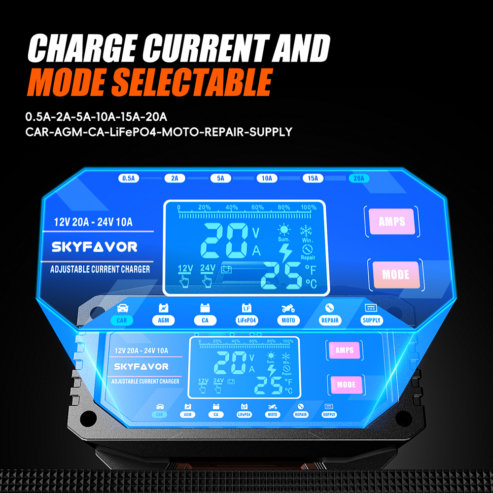 12V 24V New Product Battery Charger 12V 24V 20A Fast Automatic Current Adjustable Universal Lifepo4 Gel AGM Car Battery Charger