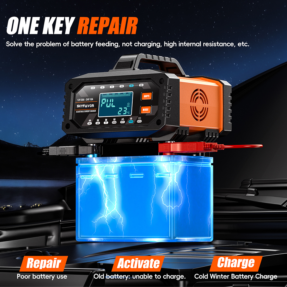 12V 24V New Product Battery Charger 12V 24V 20A Fast Automatic Current Adjustable Universal Lifepo4 Gel AGM Car Battery Charger