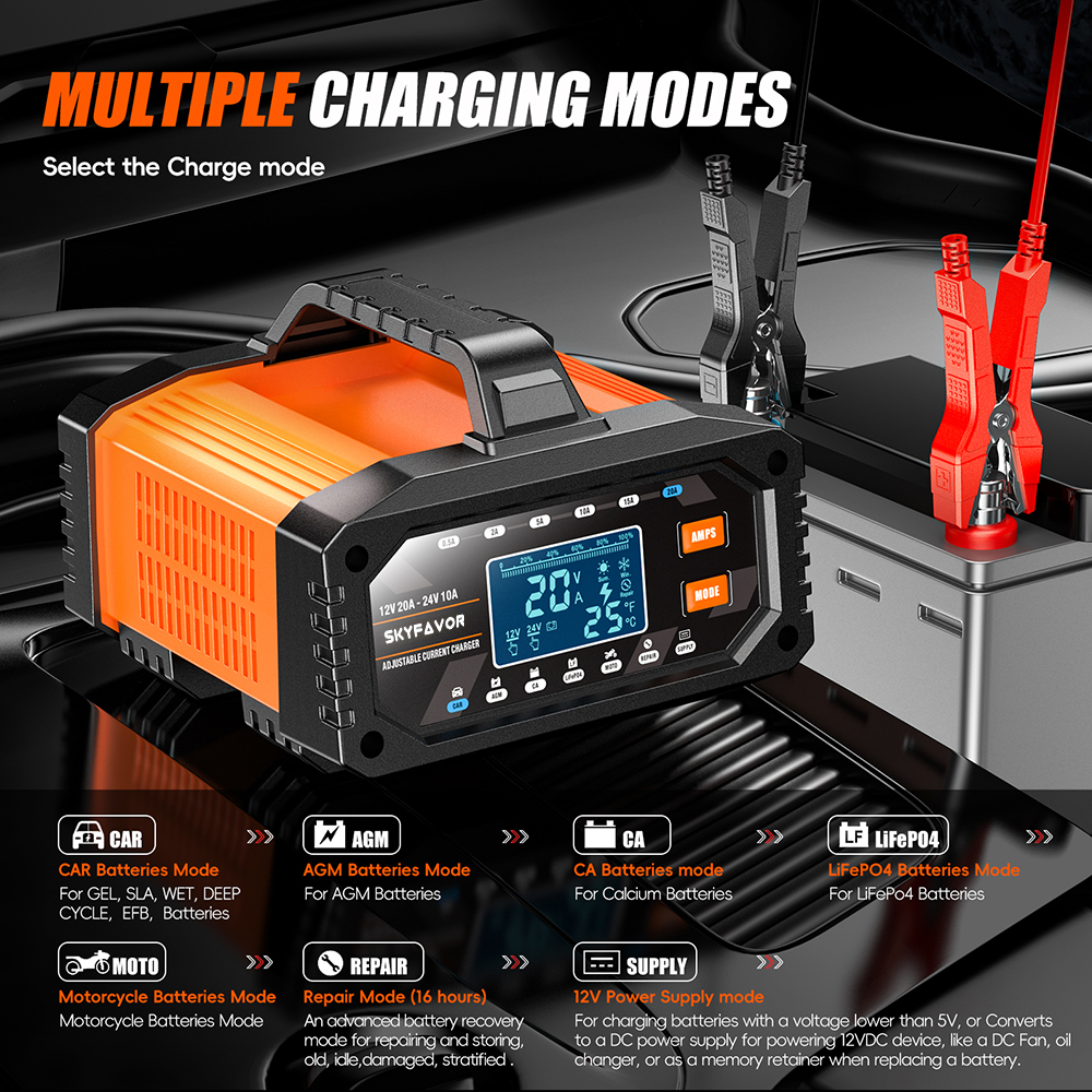 12V 24V New Product Battery Charger 12V 24V 20A Fast Automatic Current Adjustable Universal Lifepo4 Gel AGM Car Battery Charger