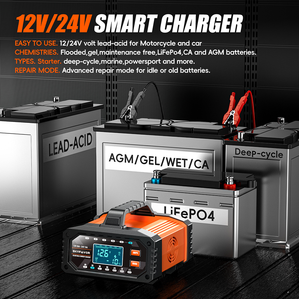 12V 24V New Product Battery Charger 12V 24V 20A Fast Automatic Current Adjustable Universal Lifepo4 Gel AGM Car Battery Charger