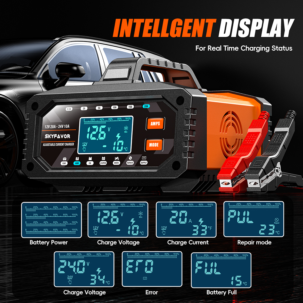 12V 24V New Product Battery Charger 12V 24V 20A Fast Automatic Current Adjustable Universal Lifepo4 Gel AGM Car Battery Charger