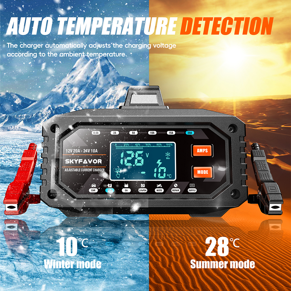 12V 24V New Product Battery Charger 12V 24V 20A Fast Automatic Current Adjustable Universal Lifepo4 Gel AGM Car Battery Charger