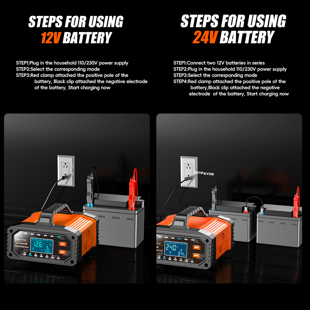 12V 24V New Product Battery Charger 12V 24V 20A Fast Automatic Current Adjustable Universal Lifepo4 Gel AGM Car Battery Charger
