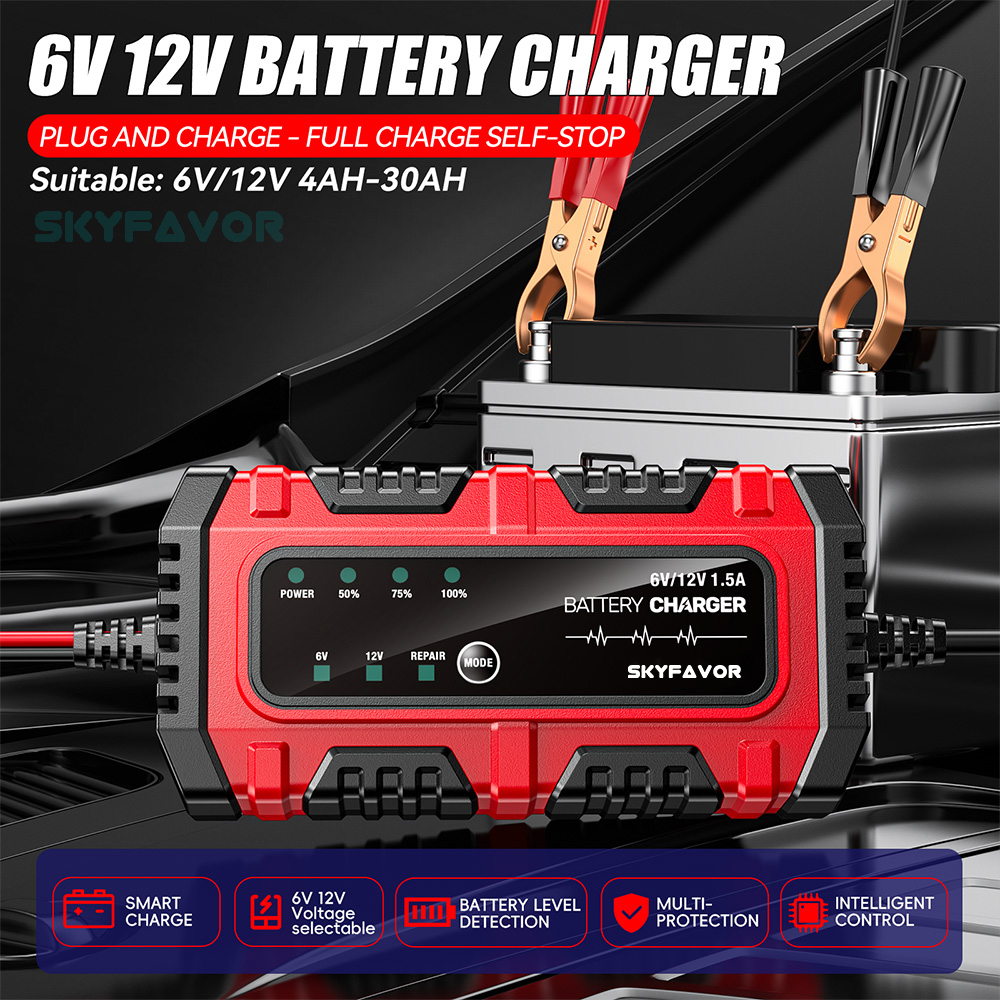 New Product Motorcycle Battery Charger 6V 12V 1.5A Auto Universal 6 Volt 12 Volt Lead Acid Trickle Charger with Pulse Repair
