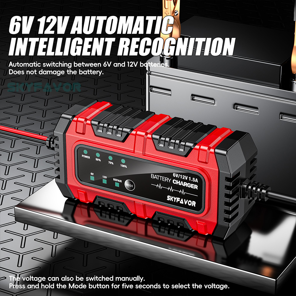 New Product Motorcycle Battery Charger 6V 12V 1.5A Auto Universal 6 Volt 12 Volt Lead Acid Trickle Charger with Pulse Repair