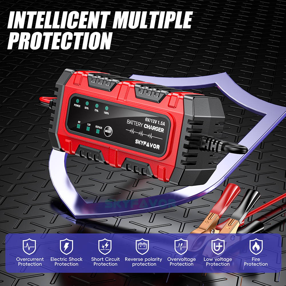 New Product Motorcycle Battery Charger 6V 12V 1.5A Auto Universal 6 Volt 12 Volt Lead Acid Trickle Charger with Pulse Repair