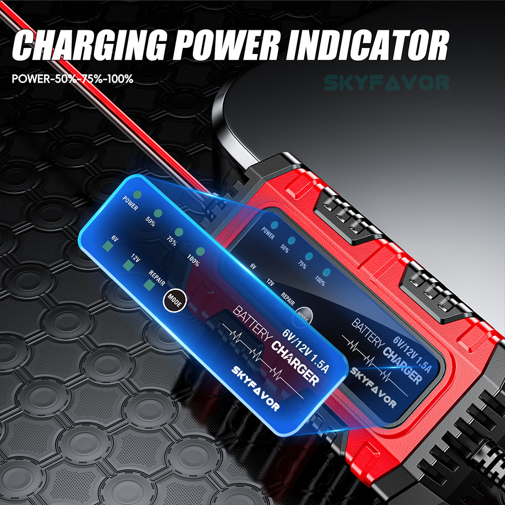 New Product Motorcycle Battery Charger 6V 12V 1.5A Auto Universal 6 Volt 12 Volt Lead Acid Trickle Charger with Pulse Repair
