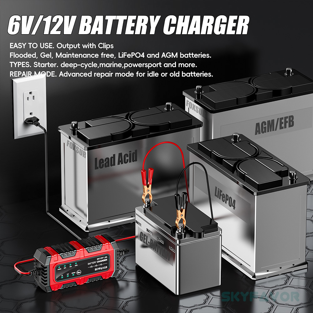 New Product Motorcycle Battery Charger 6V 12V 1.5A Auto Universal 6 Volt 12 Volt Lead Acid Trickle Charger with Pulse Repair