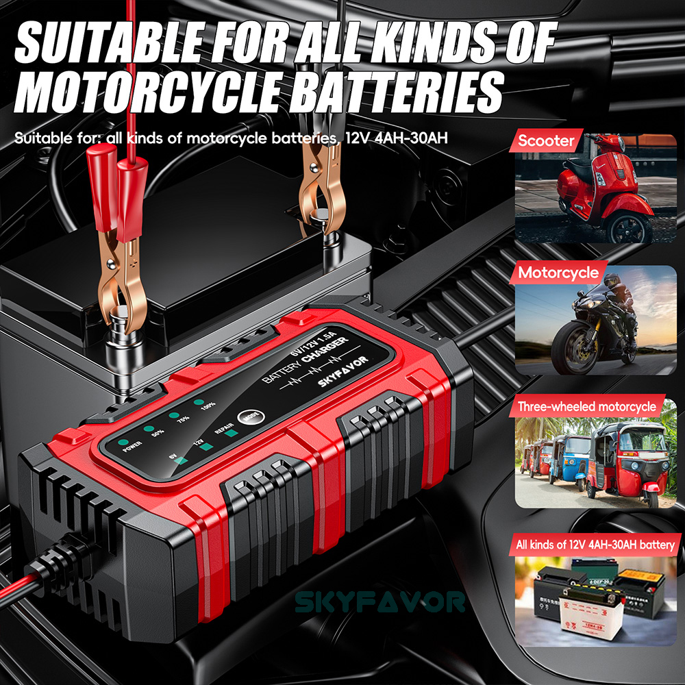 New Product Motorcycle Battery Charger 6V 12V 1.5A Auto Universal 6 Volt 12 Volt Lead Acid Trickle Charger with Pulse Repair