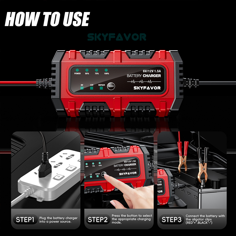 New Product Motorcycle Battery Charger 6V 12V 1.5A Auto Universal 6 Volt 12 Volt Lead Acid Trickle Charger with Pulse Repair