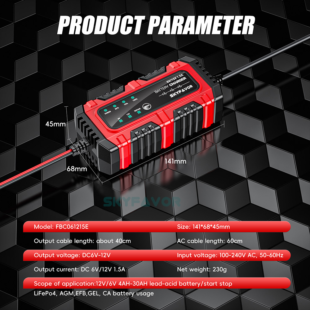 New Product Motorcycle Battery Charger 6V 12V 1.5A Auto Universal 6 Volt 12 Volt Lead Acid Trickle Charger with Pulse Repair