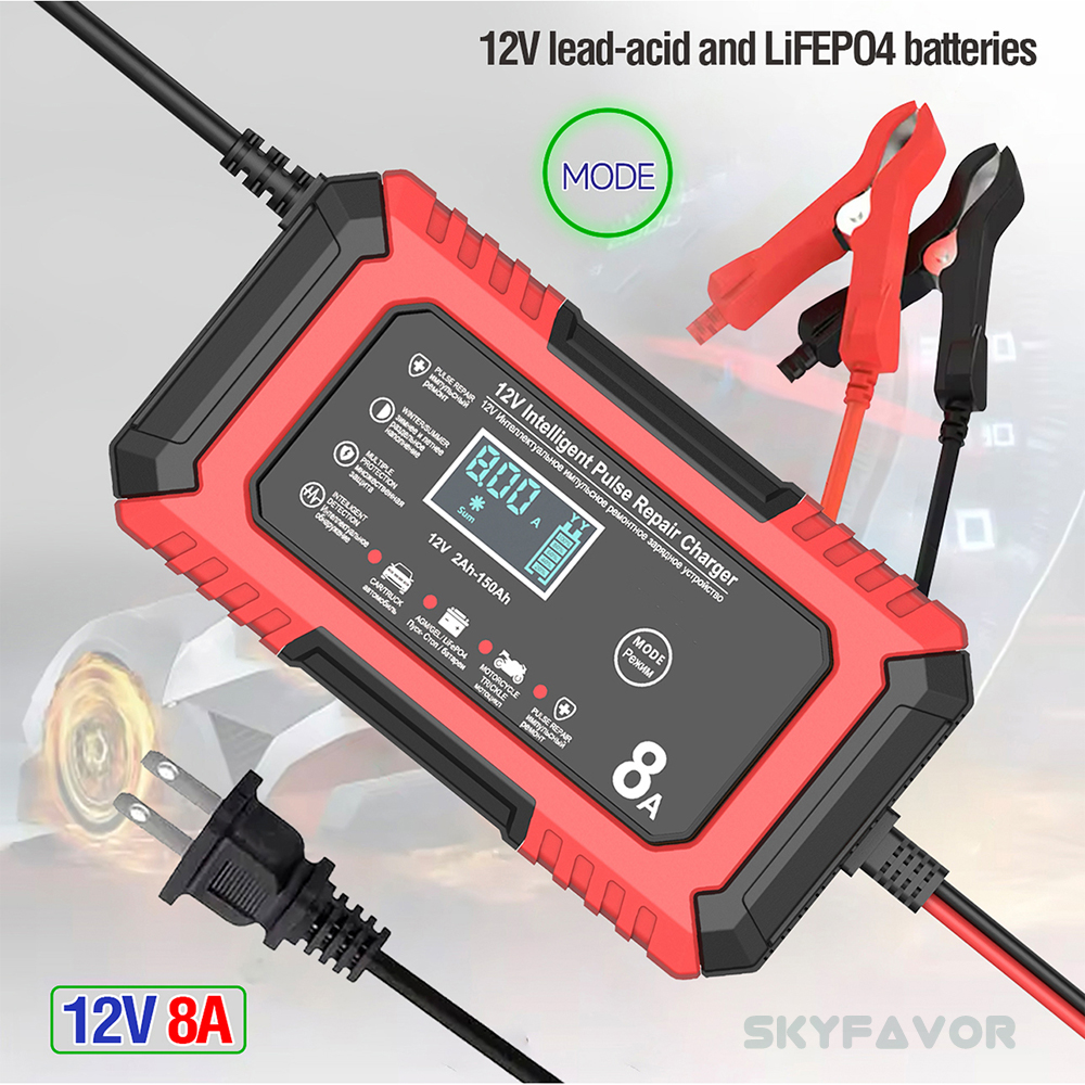 New Product 12V Car Battery Charger 12V 8A Automatic Universal 12 Volt Lead Acid and Lifepo4 Battery Charger with Pulse Repair