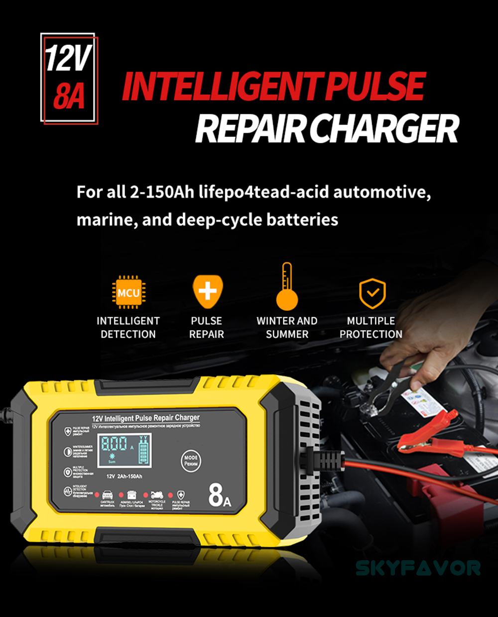 New Product 12V Car Battery Charger 12V 8A Automatic Universal 12 Volt Lead Acid and Lifepo4 Battery Charger with Pulse Repair