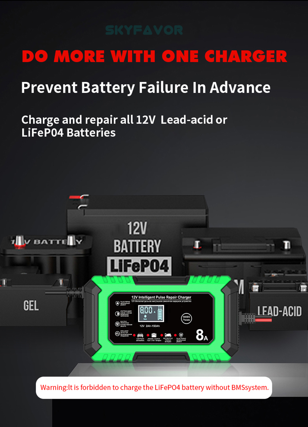 New Product 12V Car Battery Charger 12V 8A Automatic Universal 12 Volt Lead Acid and Lifepo4 Battery Charger with Pulse Repair
