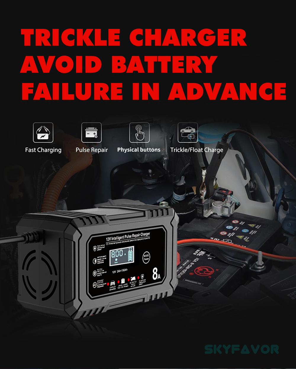 New Product 12V Car Battery Charger 12V 8A Automatic Universal 12 Volt Lead Acid and Lifepo4 Battery Charger with Pulse Repair