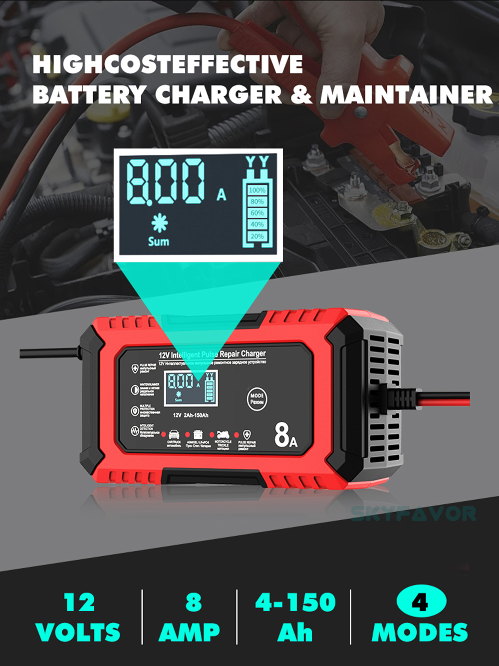 New Product 12V Car Battery Charger 12V 8A Automatic Universal 12 Volt Lead Acid and Lifepo4 Battery Charger with Pulse Repair