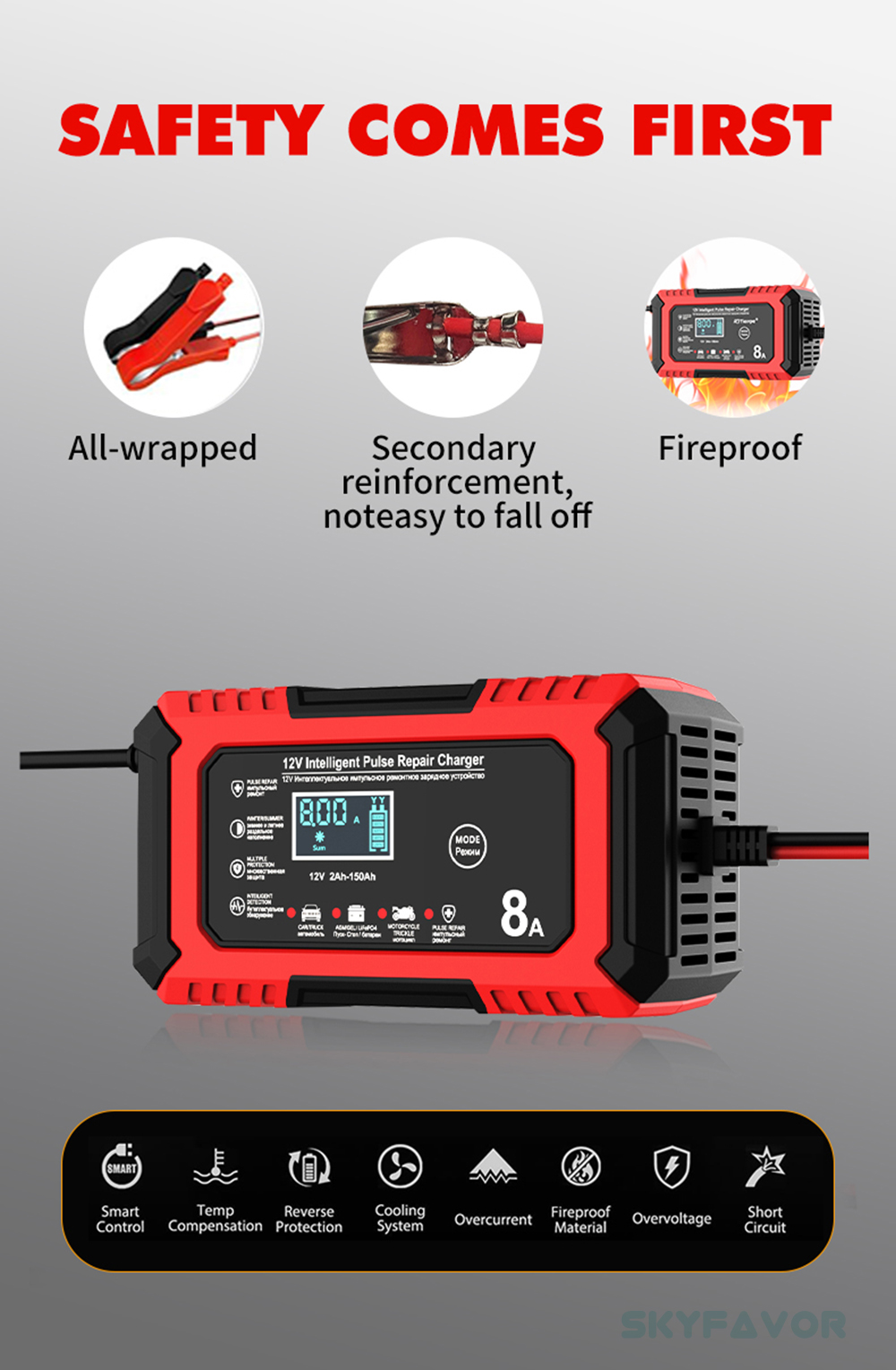 New Product 12V Car Battery Charger 12V 8A Automatic Universal 12 Volt Lead Acid and Lifepo4 Battery Charger with Pulse Repair