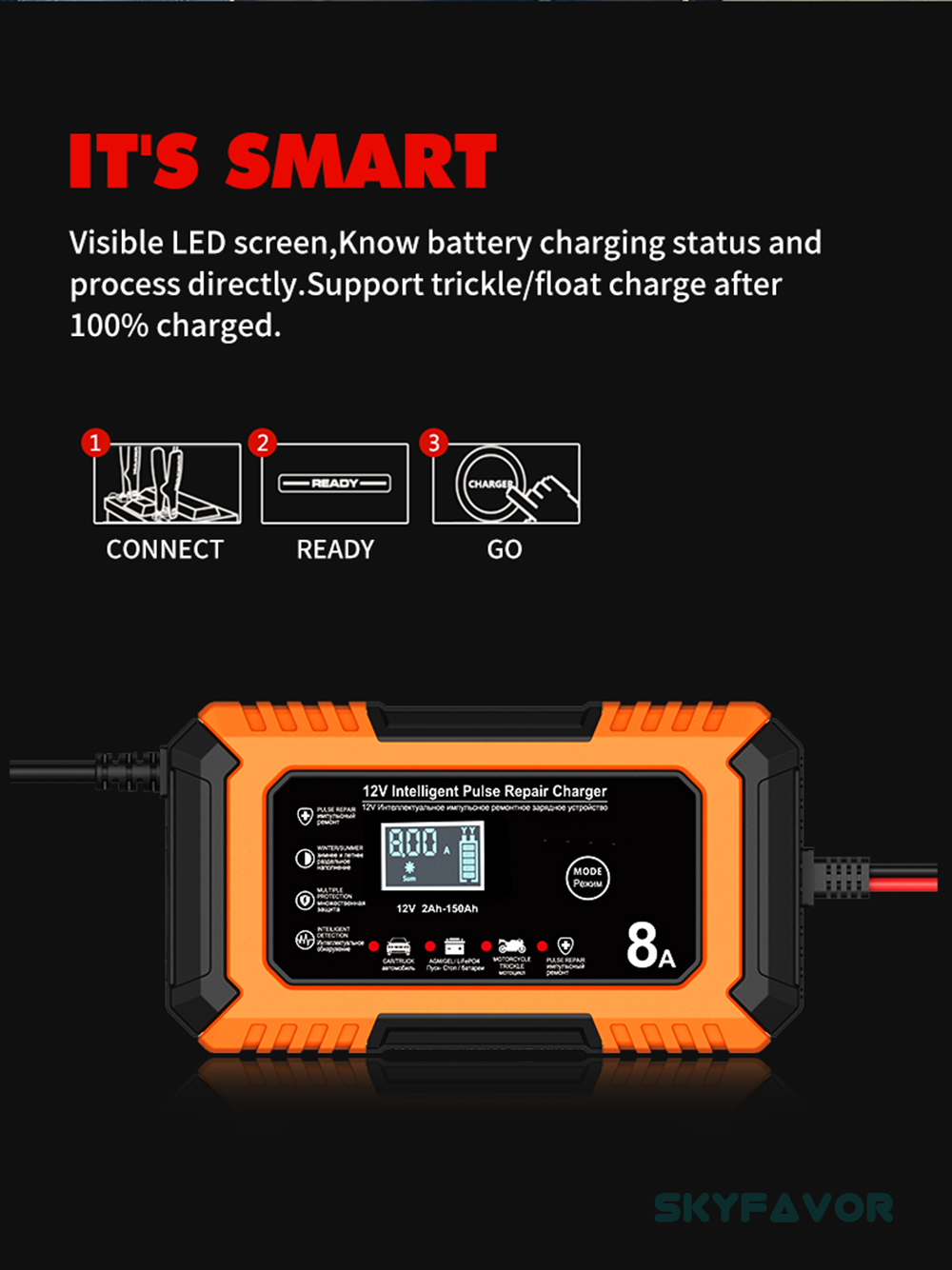New Product 12V Car Battery Charger 12V 8A Automatic Universal 12 Volt Lead Acid and Lifepo4 Battery Charger with Pulse Repair