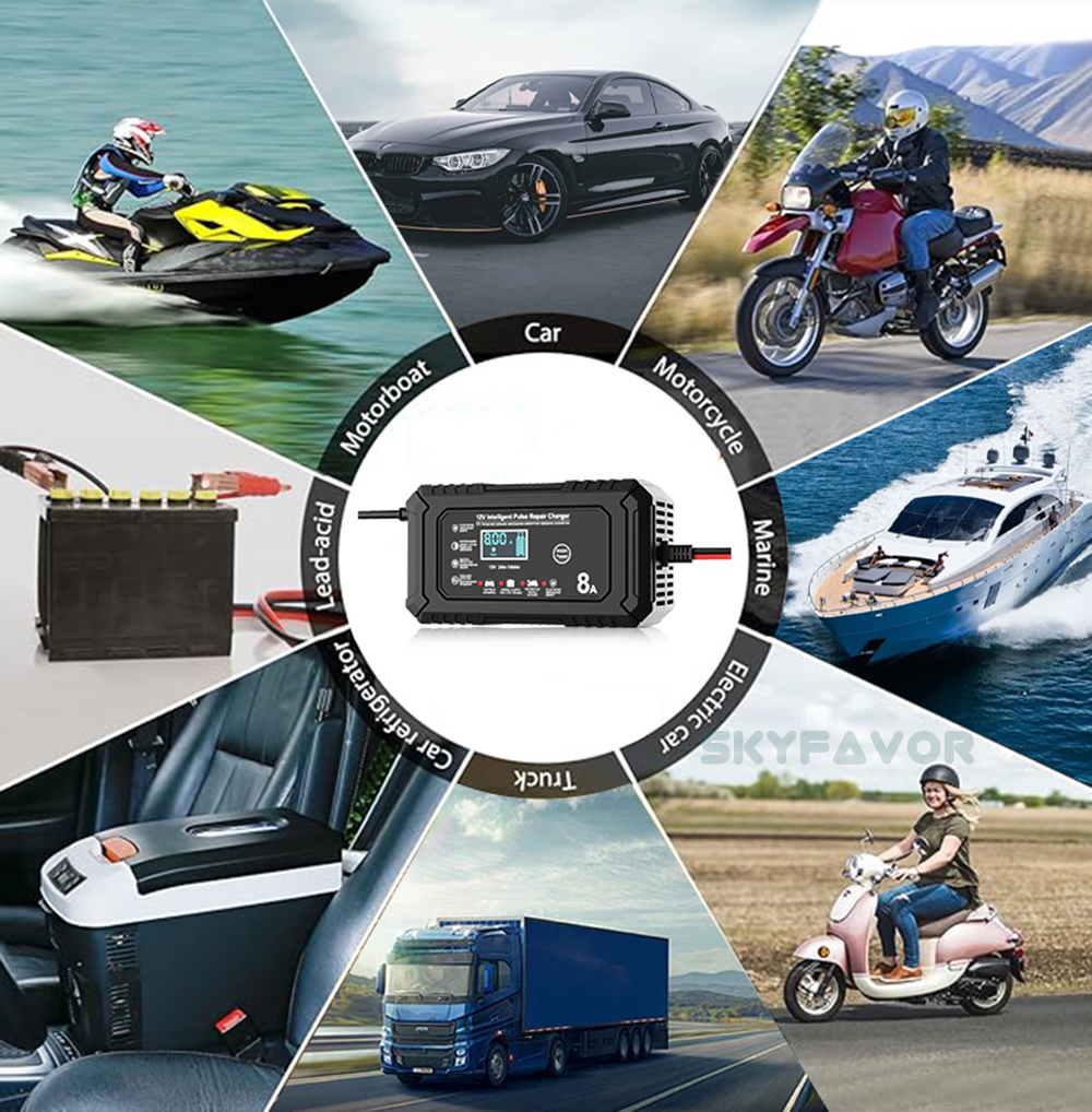 New Product 12V Car Battery Charger 12V 8A Automatic Universal 12 Volt Lead Acid and Lifepo4 Battery Charger with Pulse Repair