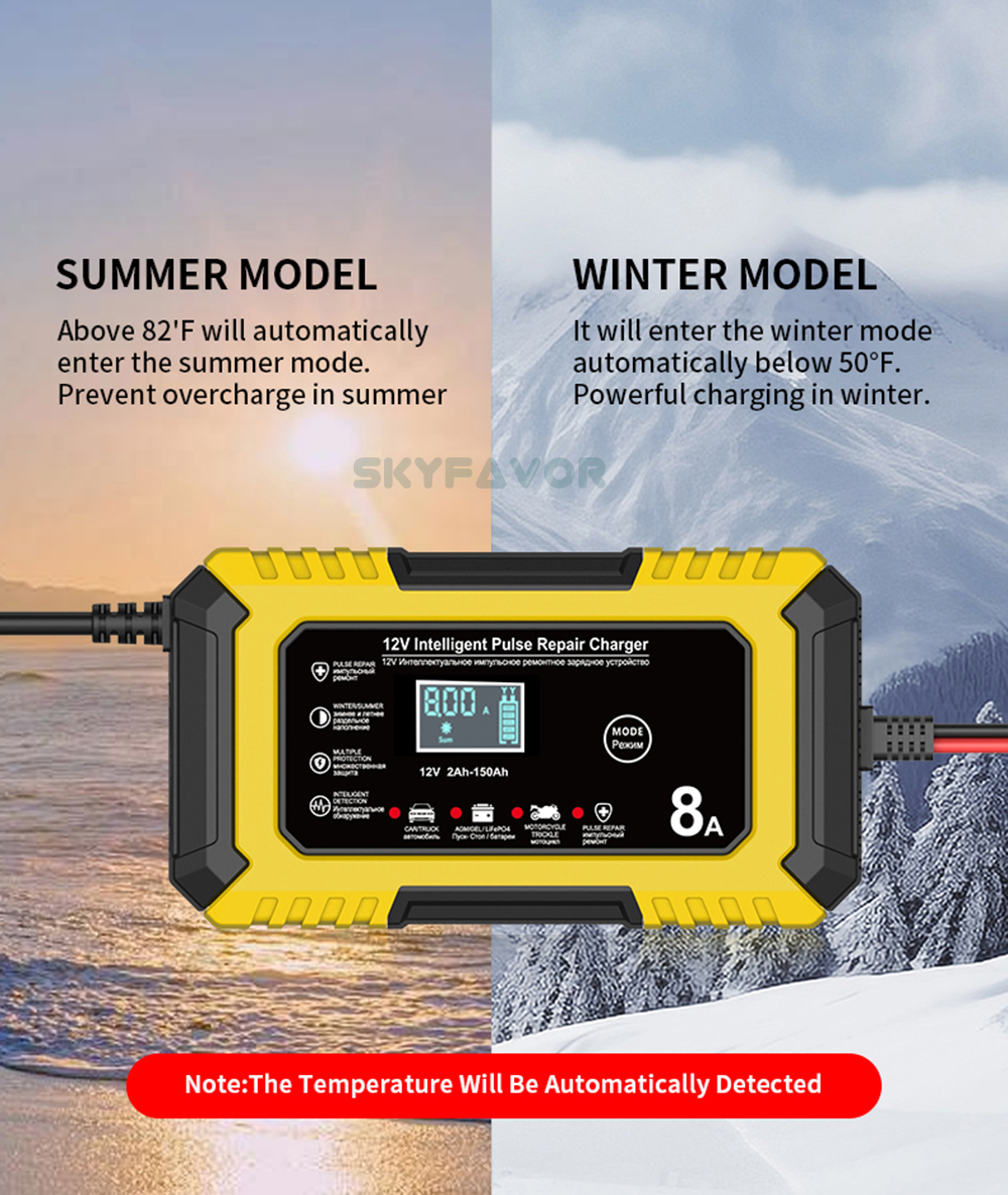 New Product 12V Car Battery Charger 12V 8A Automatic Universal 12 Volt Lead Acid and Lifepo4 Battery Charger with Pulse Repair