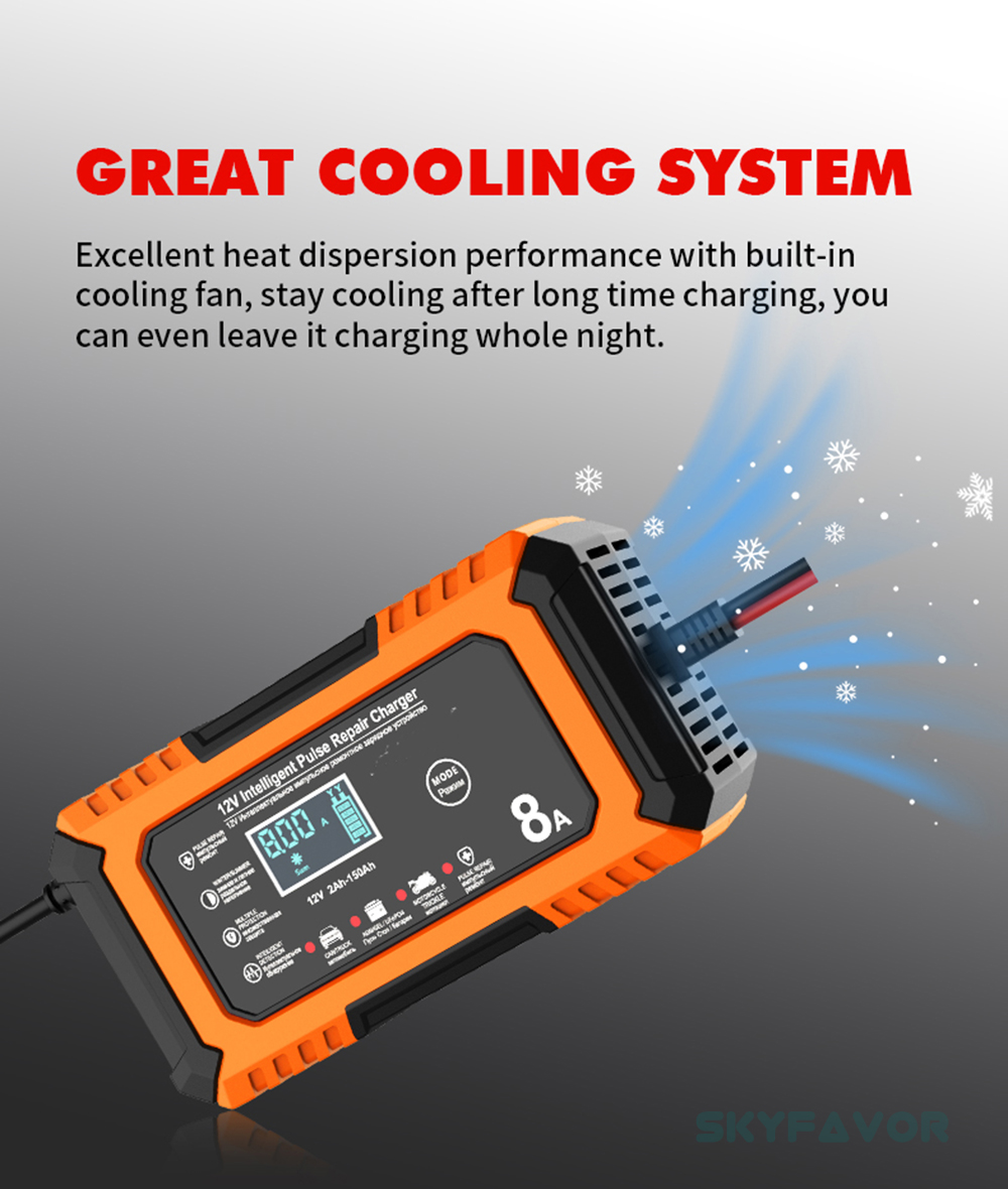 New Product 12V Car Battery Charger 12V 8A Automatic Universal 12 Volt Lead Acid and Lifepo4 Battery Charger with Pulse Repair