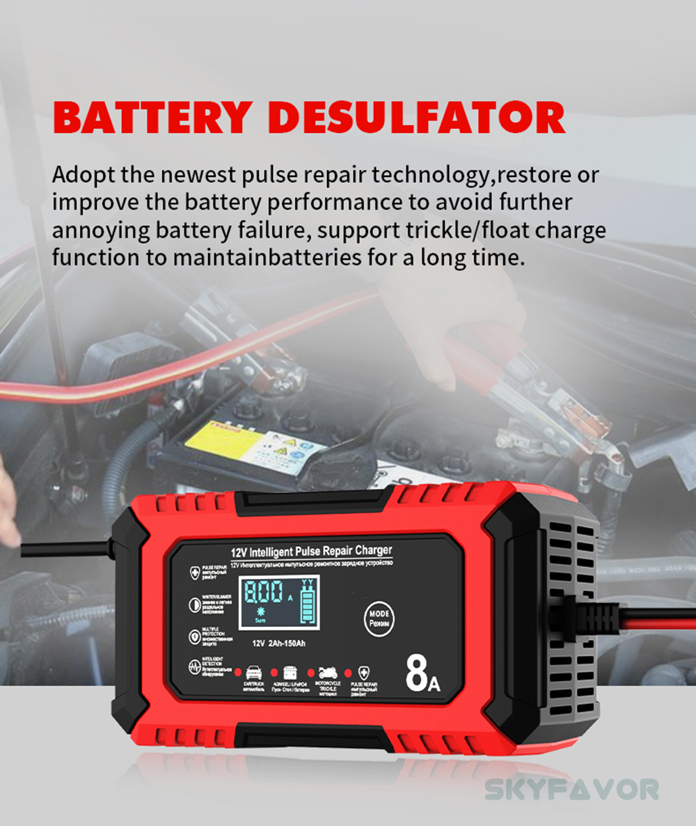 New Product 12V Car Battery Charger 12V 8A Automatic Universal 12 Volt Lead Acid and Lifepo4 Battery Charger with Pulse Repair