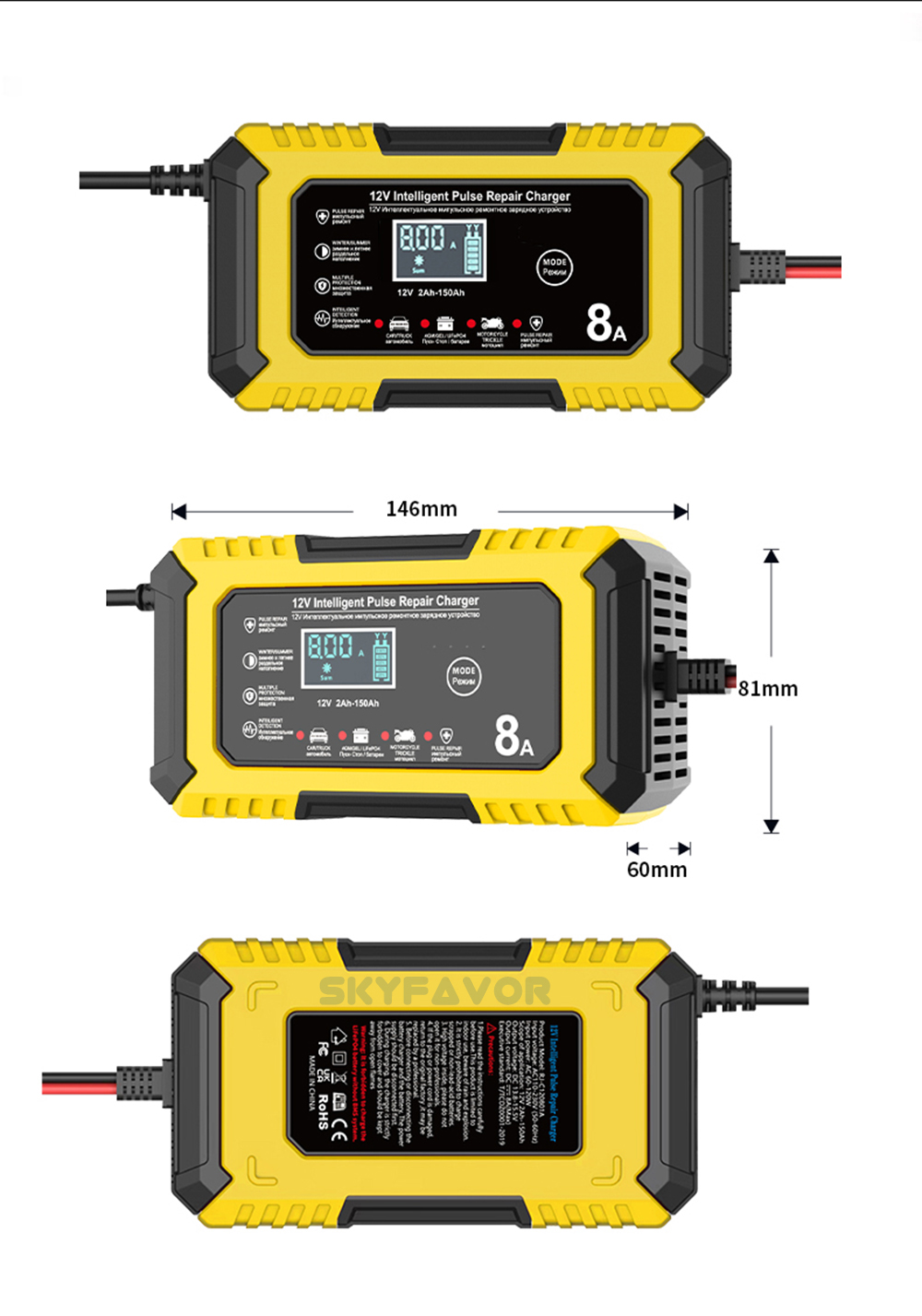 New Product 12V Car Battery Charger 12V 8A Automatic Universal 12 Volt Lead Acid and Lifepo4 Battery Charger with Pulse Repair