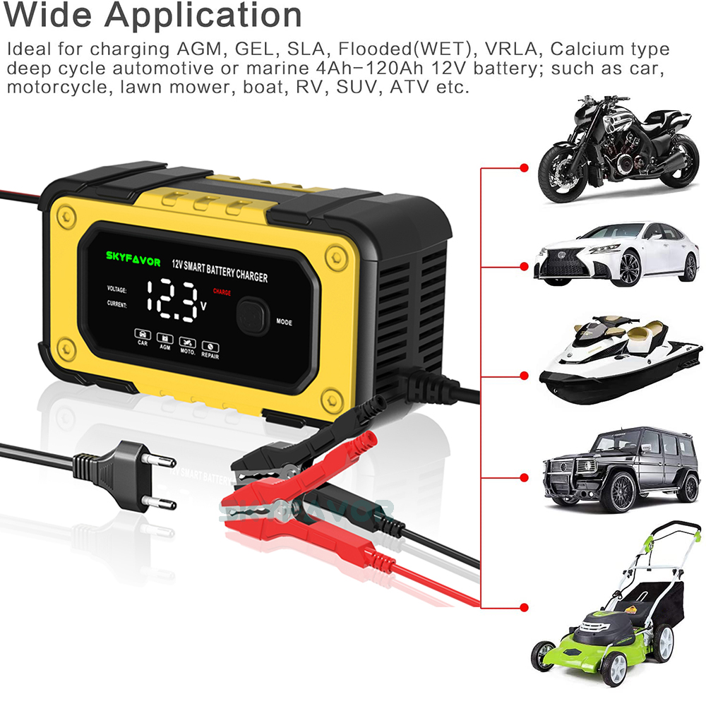 Automatic 12V 6A Car Battery Charger Fast Trickle Charger Smart Fireproof Charger for LiFePO4 Lead Acid Motorcycle Batteries