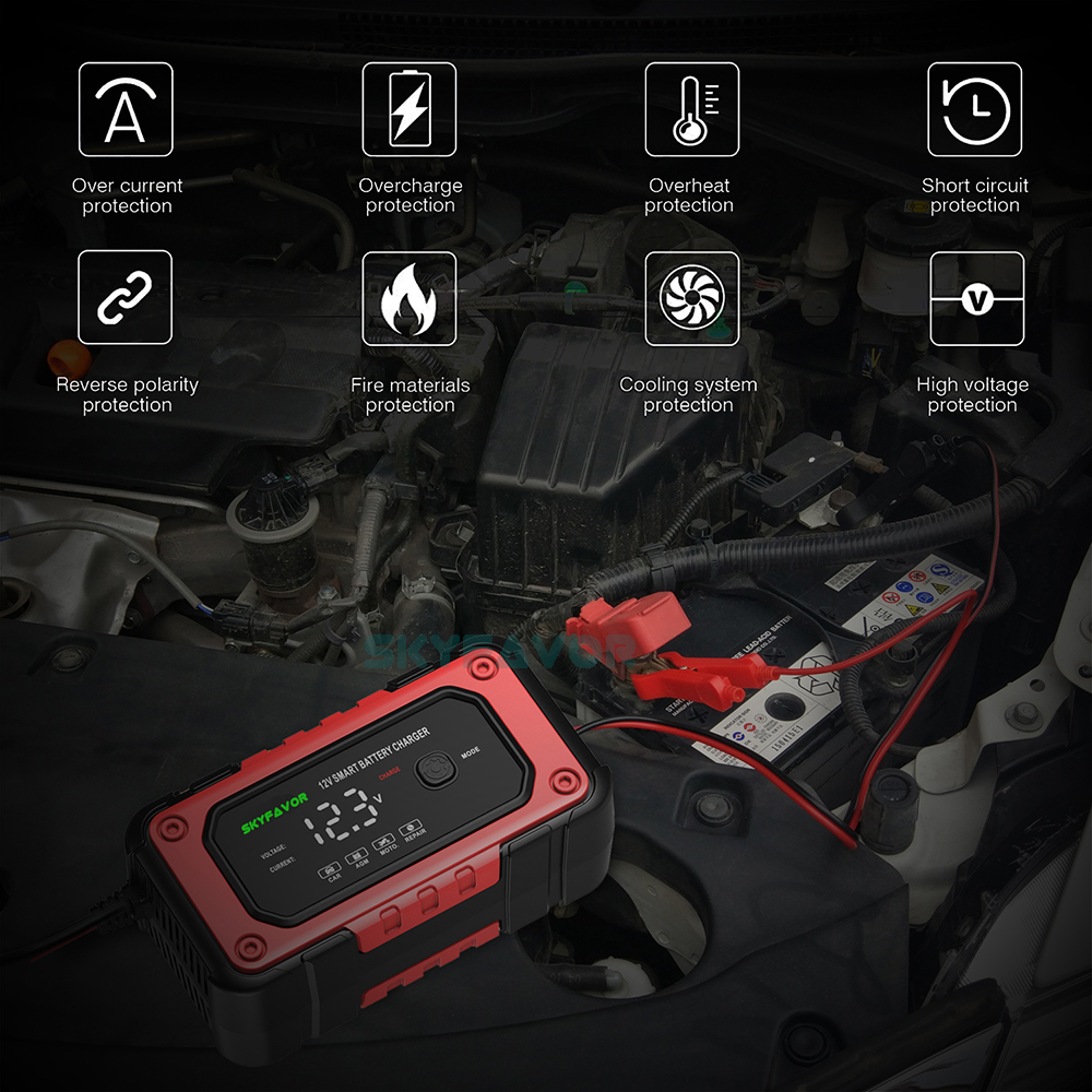 Automatic 12V 6A Car Battery Charger Fast Trickle Charger Smart Fireproof Charger for LiFePO4 Lead Acid Motorcycle Batteries