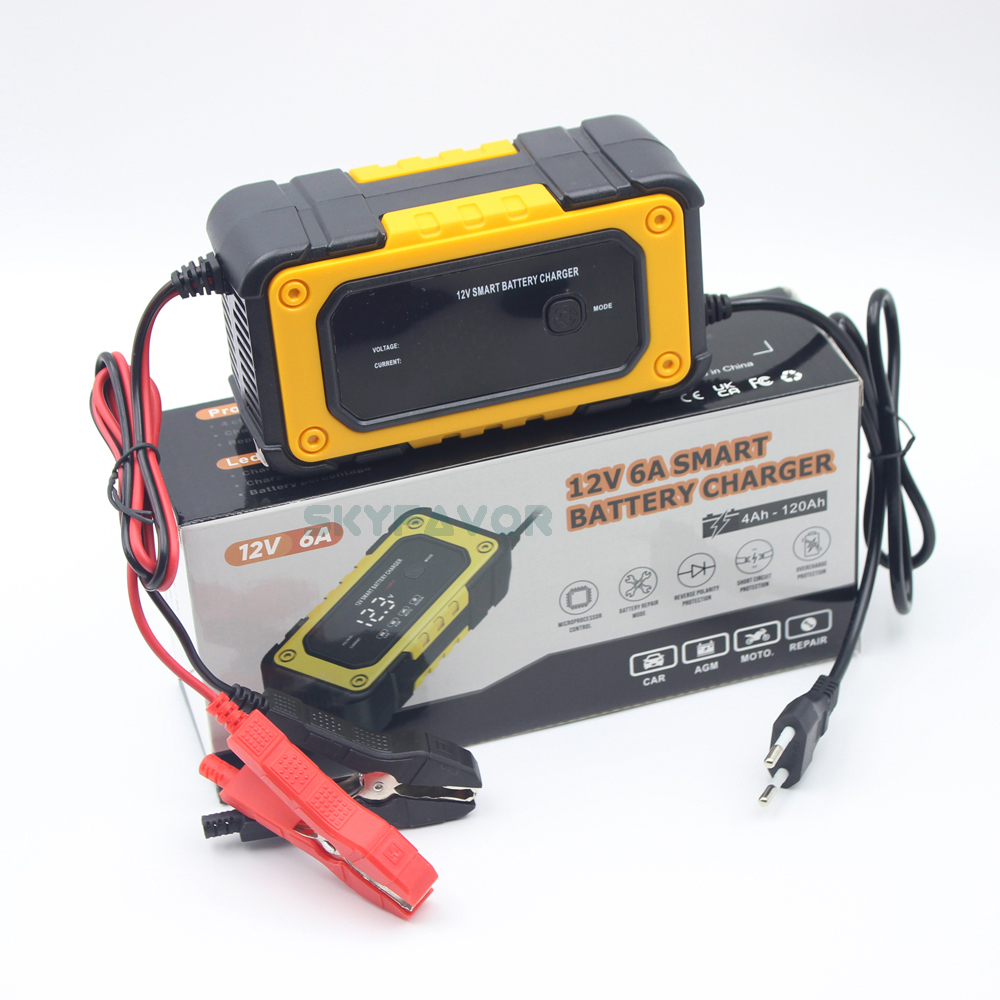 Automatic 12V 6A Car Battery Charger Fast Trickle Charger Smart Fireproof Charger for LiFePO4 Lead Acid Motorcycle Batteries